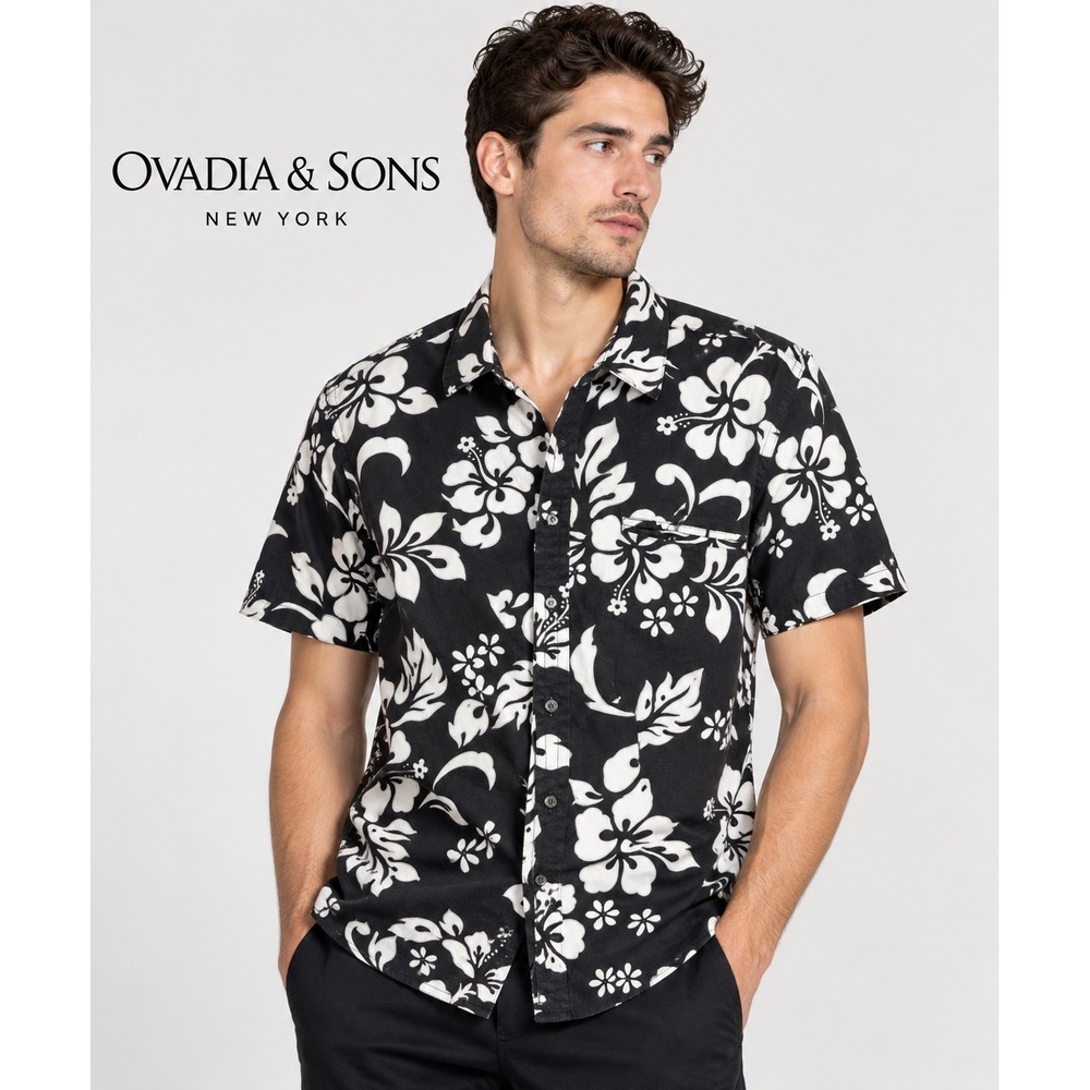 Ovadia & Sons Mens Black White Hibiscus Floral Cotton Aloha Shirt Made Italy M